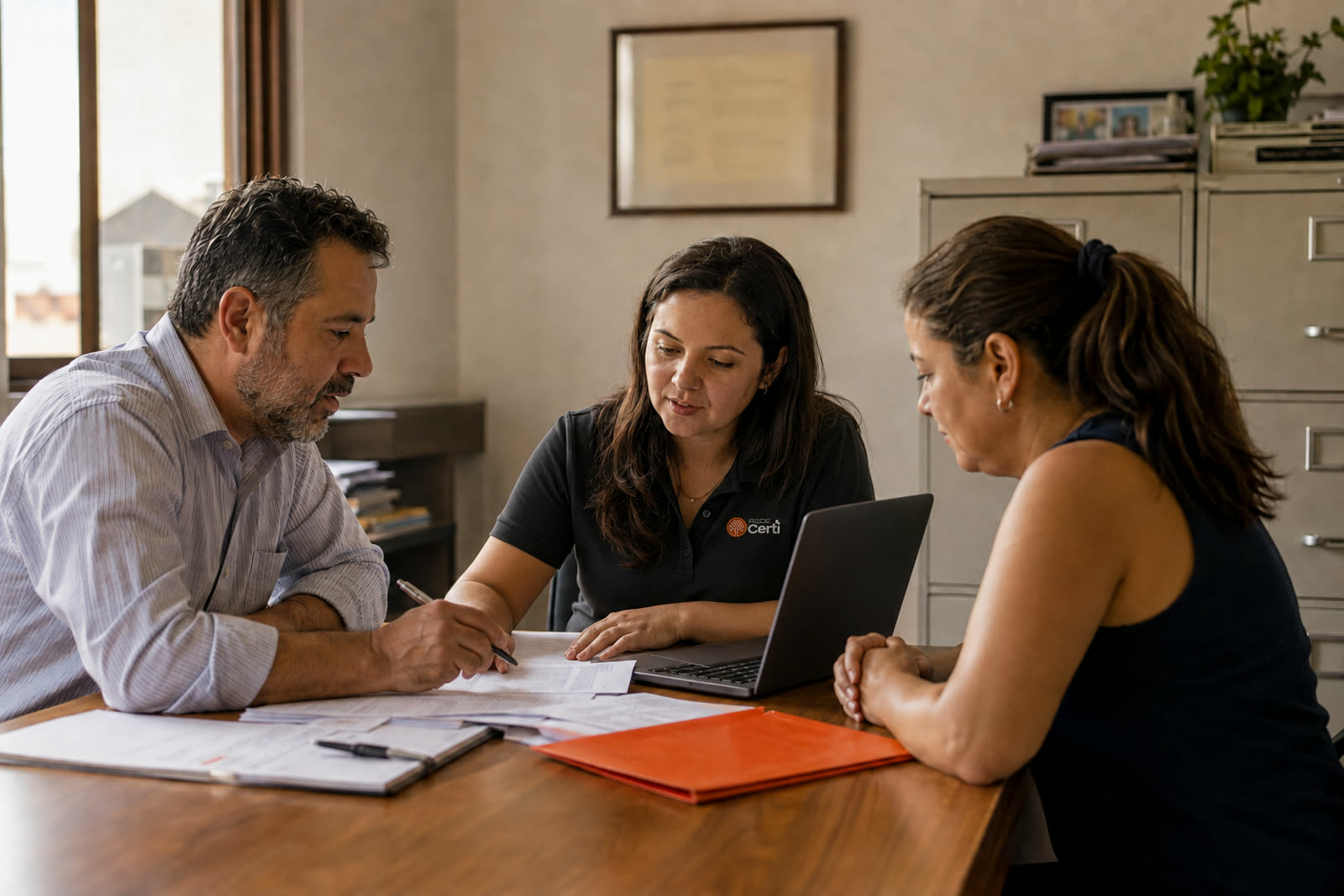 Equipe da Rede Certi reunida com clientes em um escritório